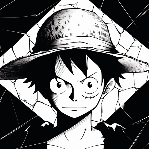 Luffy in manga style, black and white portrait.