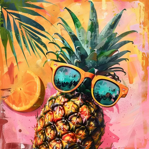 Cool pineapple profile picture with sunglasses against a vibrant tropical background.