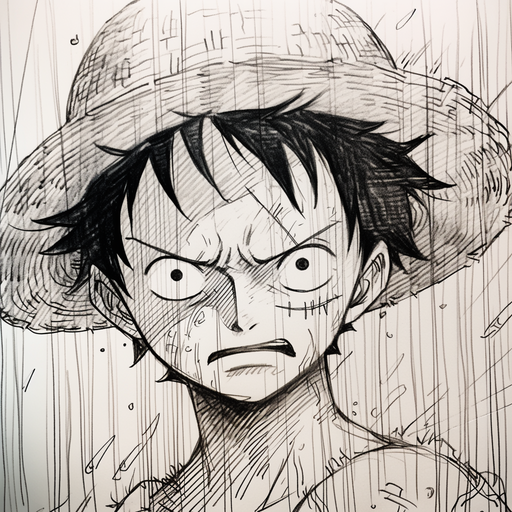 Black and white manga-style portrait of Luffy from One Piece, in a litograph style.