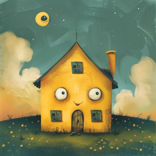 Creative house profile picture with playful face and whimsical atmosphere under a starry sky.