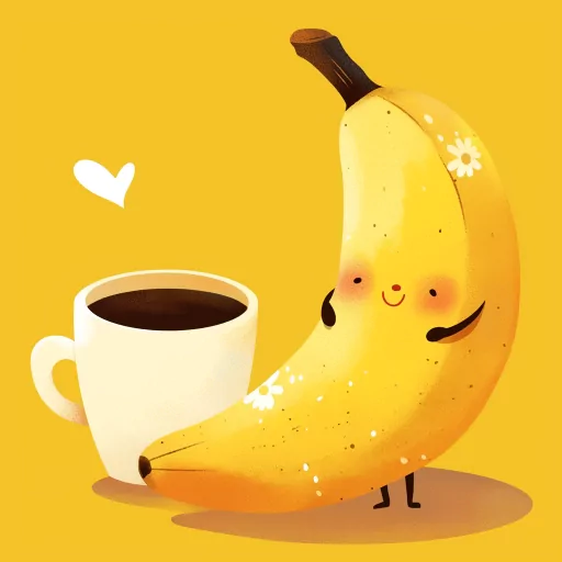 Illustrated avatar of a smiling banana with a coffee cup, perfect for a whimsical profile photo.