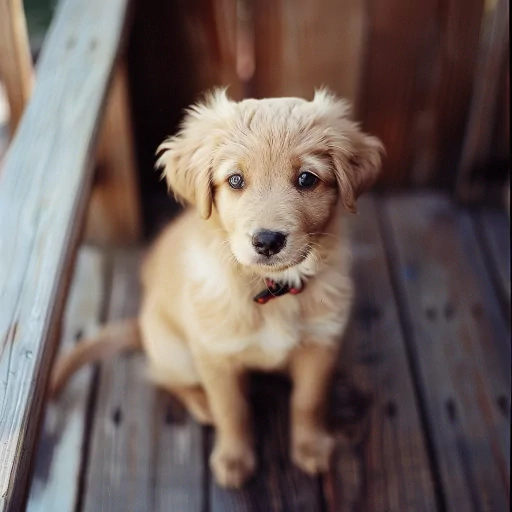 Cute golden puppy avatar with a red collar sitting on a wooden deck.