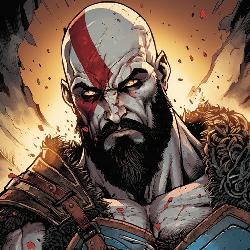 Kratos, a fierce warrior, depicted in an old comic book art style.