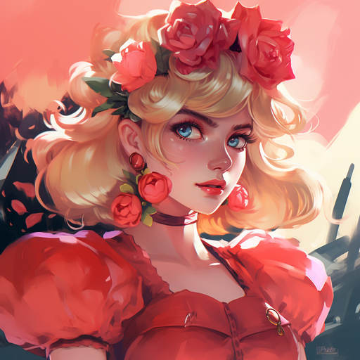 Vibrant red Princess Peach profile picture with bold colors.