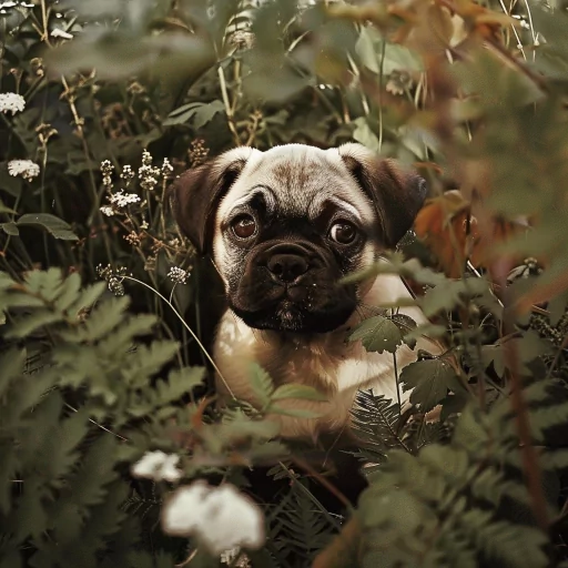 Cute puppy pfp showing a pug among green foliage and white flowers with a curious expression.
