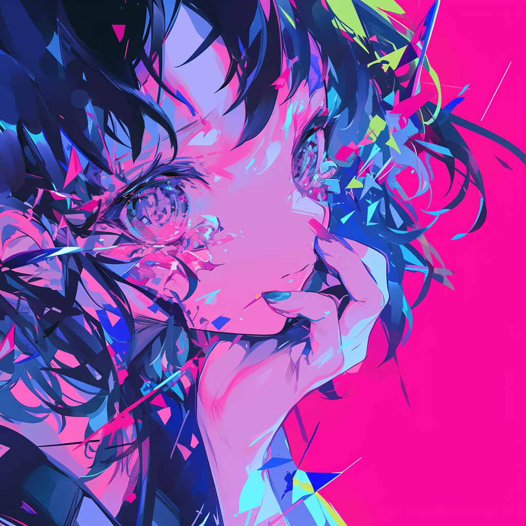 Aesthetic anime profile picture with vibrant pink and blue colors and abstract elements.