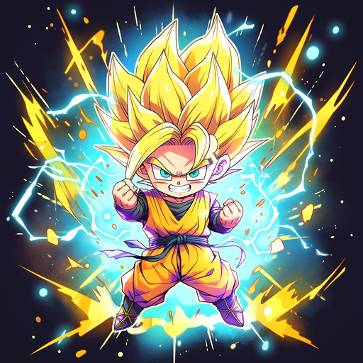 Goten, a young Super Saiyan with vibrant yellow hair, exudes an epic aura.