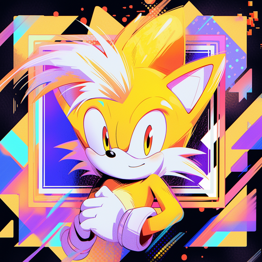 Abstract pop art style image featuring a colorful interpretation of Sonic the Hedgehog's character Tails.