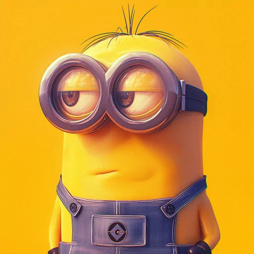 Minion avatar with big goggles and overalls against a yellow background for a profile photo.