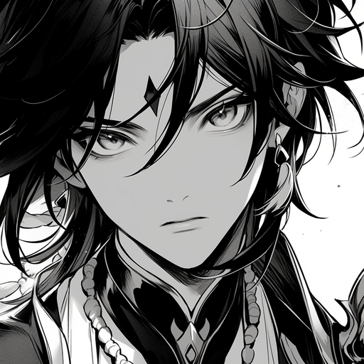 Black and white portrait of Xiao from Genshin Impact, in manga style.