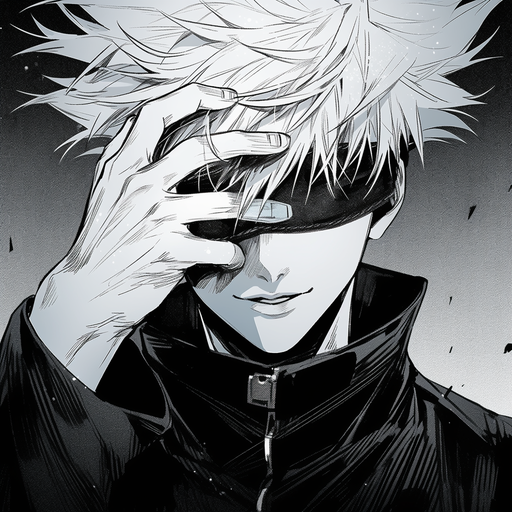 Black and white anime character with intense expression, inspired by Satoru Gojo from Jujutsu Kaisen manga.