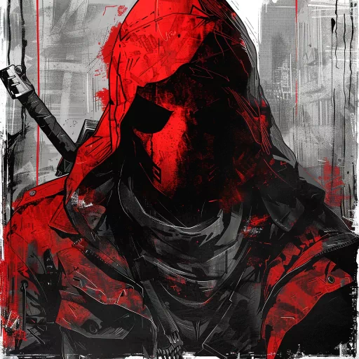 Stylized red hooded figure avatar with abstract urban background for profile photo use.