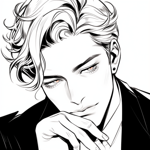 Monochrome manga-style portrait of a character named Aizen.