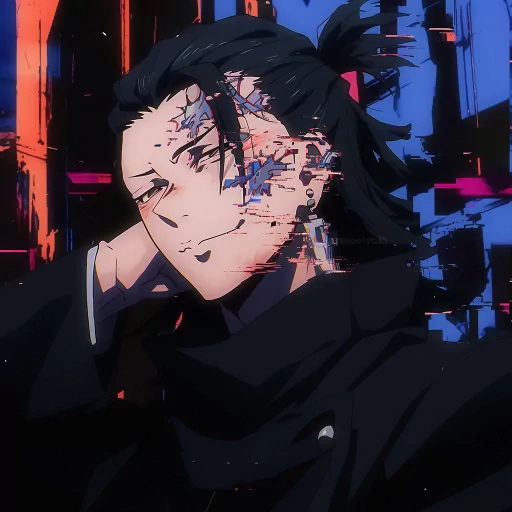 Anime-style avatar of a man with dark hair in a relaxed pose, featuring digital glitch art effects, ideal for a profile picture or PFP.