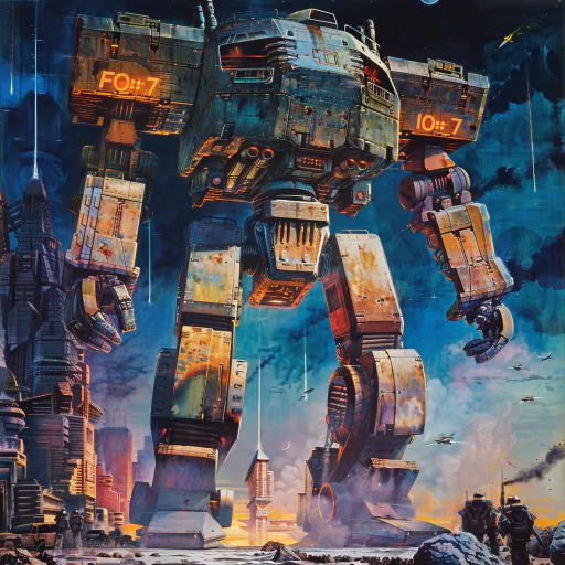 A sci-fi scene featuring a large mech robot with a cityscape in the background. The mech has FO-7 and 10-7 markings. The sky is dark and foreboding, with streaks of light illuminating the scene.