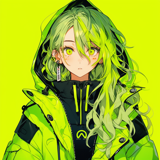 Anime girl with acid green hair, ready to be used as a profile picture (PFP).