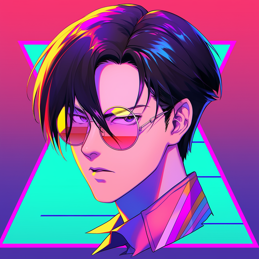 Levi Ackerman with vibrant 80's style, donning a cheerful smile.