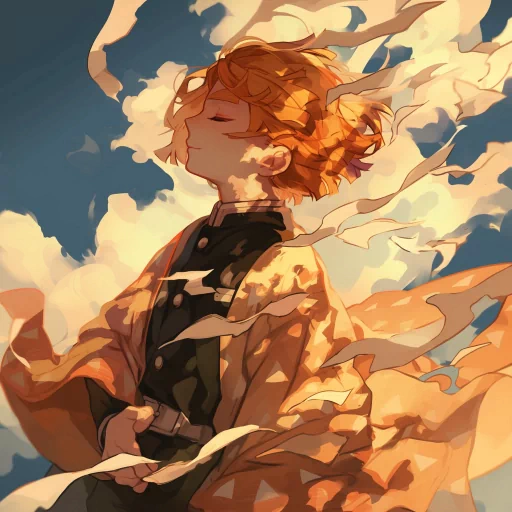 Zenitsu avatar with dynamic orange and yellow hues showcasing the character in a serene, contemplative pose.