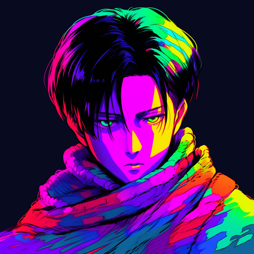 Smiling Levi Ackerman in 80's style with vivid colors.