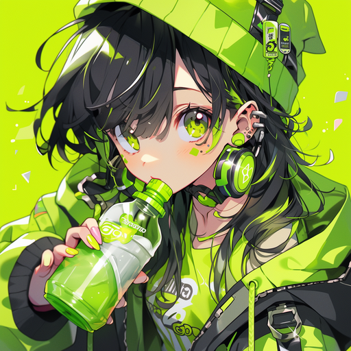 Anime girl with vibrant green hair and radiant expression.