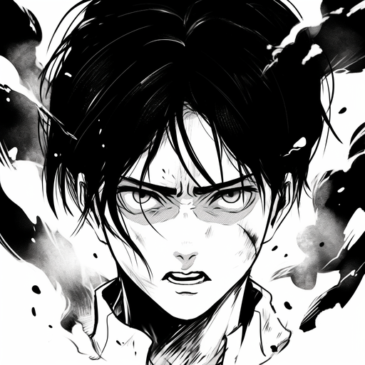 Eren Yeager, black and white portrait, intense expression.