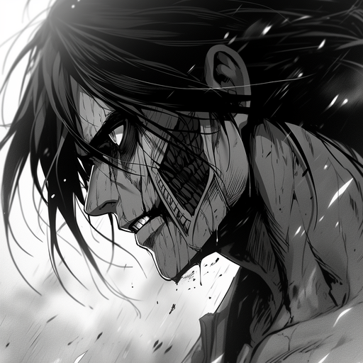 Epic black and white portrait of Eren Yeager from Attack on Titan manga.