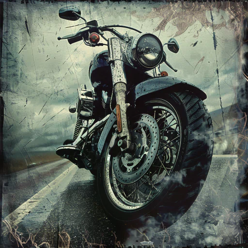 A gritty, vintage-style photo of a motorcycle on a deserted road, captured from a low angle showing the front wheel and headlight.