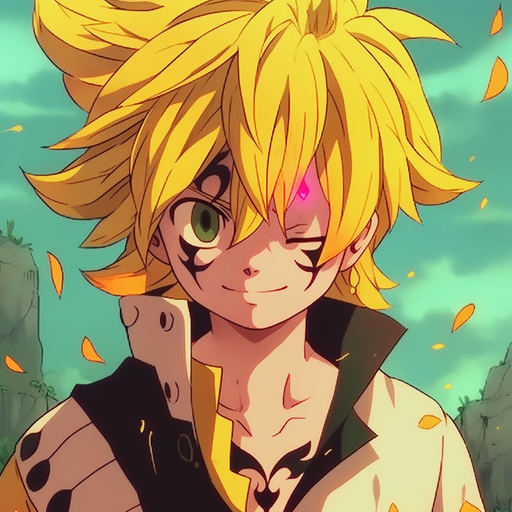 Meliodas, anime character with spiky hair and serious expression.