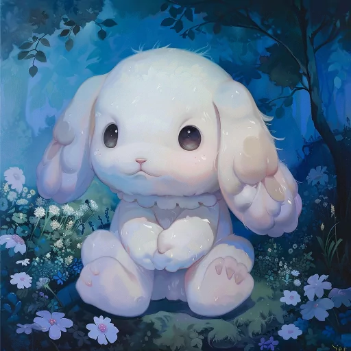 Cinnamoroll avatar image with the cute white puppy with long ears sitting amongst blue flowers in a magical forest setting.