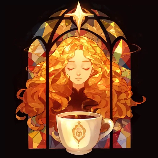 Illustrated avatar featuring a serene person with golden wavy hair, overlaid with a warm cup of coffee in the foreground, set against a stylized stained-glass window background.