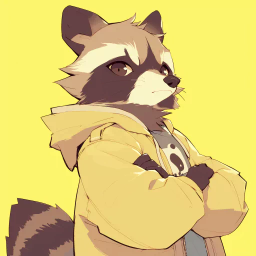 Avatar of an anthropomorphic raccoon with crossed arms, wearing a yellow jacket, set against a yellow background.