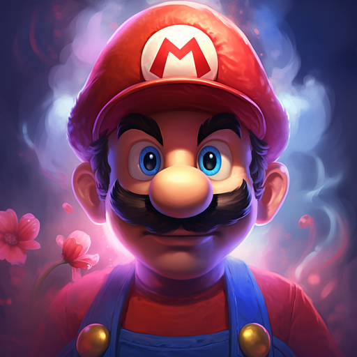 Smiling Mario character with a cap and mustache against a colorful background.