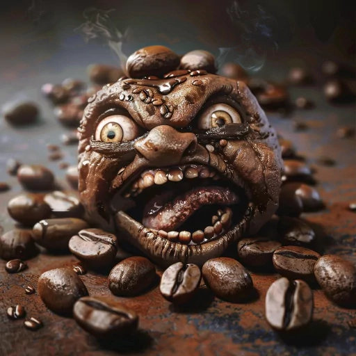 Angry coffee bean character avatar surrounded by coffee beans.