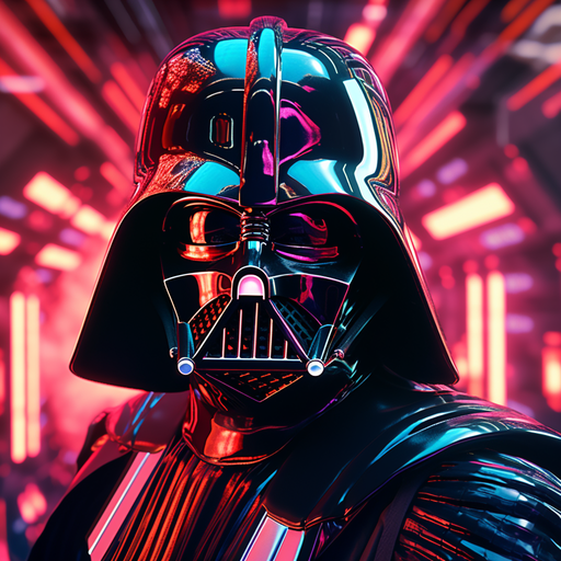 Glowing synthwave portrait of Darth Vader.
