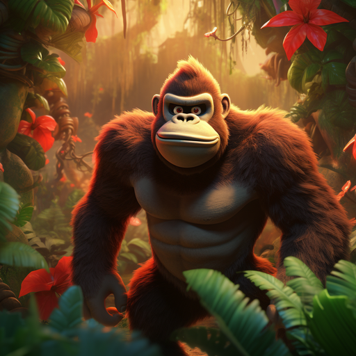 Donkey Kong swinging through a lush jungle with trees and vines.