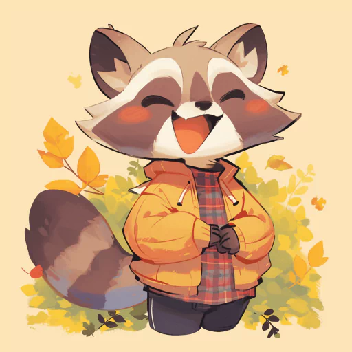 A cheerful, cartoon-style raccoon smiling with eyes closed, wearing a yellow jacket and standing amidst autumn leaves.
