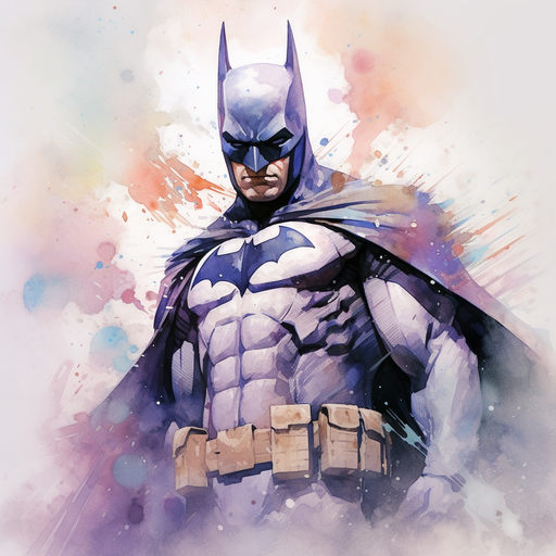 Watercolor portrait of Batman in profile, featuring his iconic bat symbol and dark silhouette against a vibrant background.