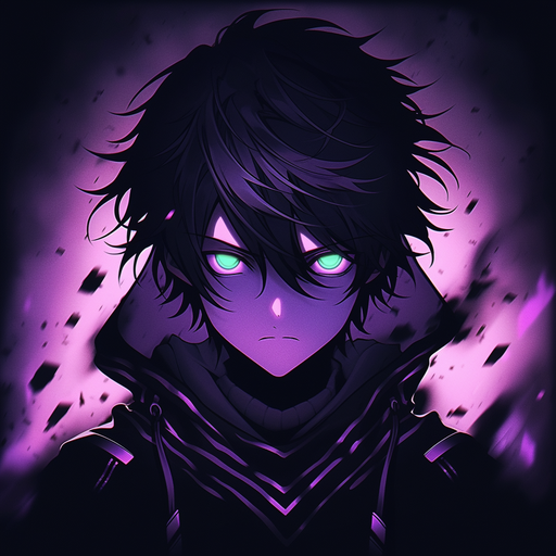 Dark-haired anime boy with a serious expression and glowing neon background.