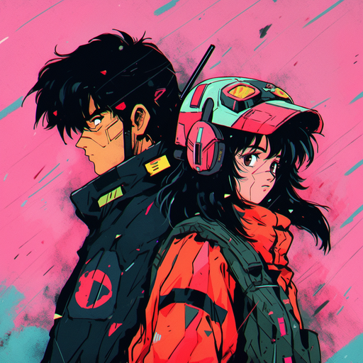 Mech anime manga character with vibrant colors and a 90s aesthetic.