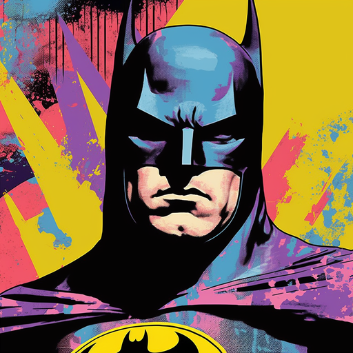 Pop art style portrait of Batman with vibrant colors and bold lines.