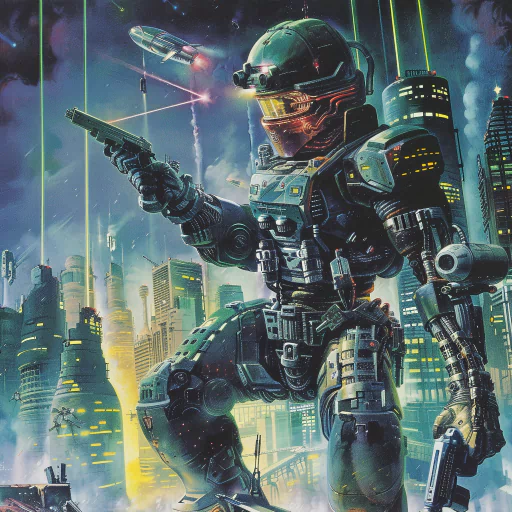 A futuristic soldier in sci-fi armor stands in a neon-lit cityscape with towering buildings and flying vehicles.