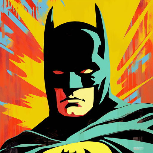 Pop art Batman portrait in vibrant colors and bold lines.