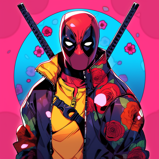 Deadpool character in 80s anime style with vibrant colors and dynamic pose.