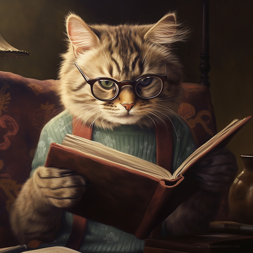 A clever cat wearing glasses, reading a book.