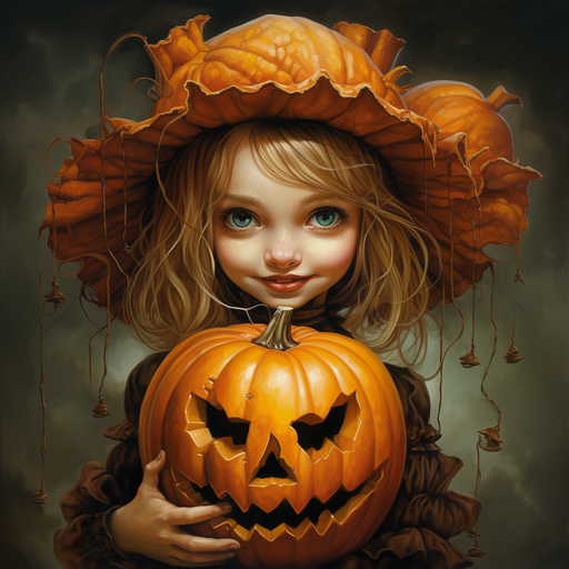 Smiling girl with pumpkin head costume for Halloween