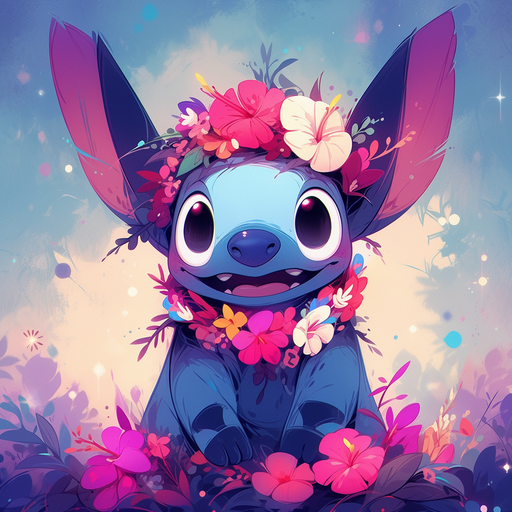 Stitch, depicted in Studio Ghibli anime style, standing against a colorful abstract background.