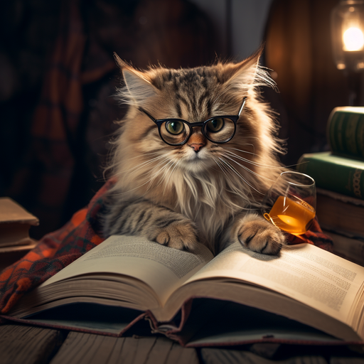 Cat wearing glasses and reading a book