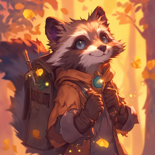 A whimsical illustration of a raccoon in a hooded cloak, wearing a backpack, with a glowing gem around its neck, set against a vibrant, autumn forest background.
