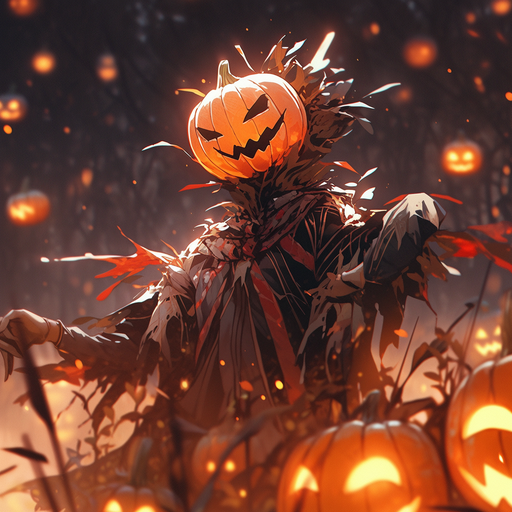 A creepy scarecrow with a pumpkin carving design.