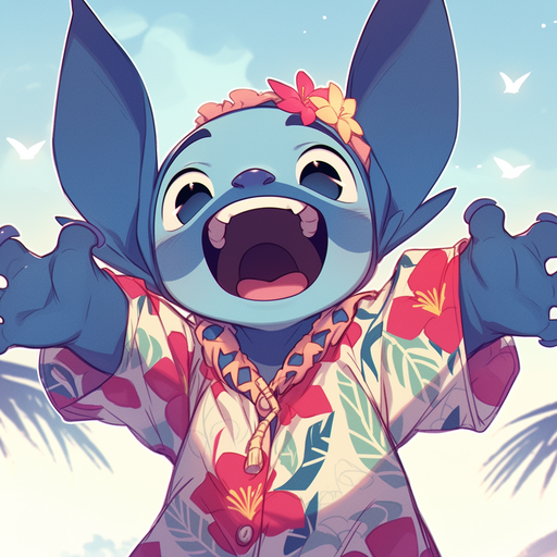 Stitch, the mischievous blue alien from Disney's Lilo & Stitch, with a vibrant niji-inspired profile picture.
